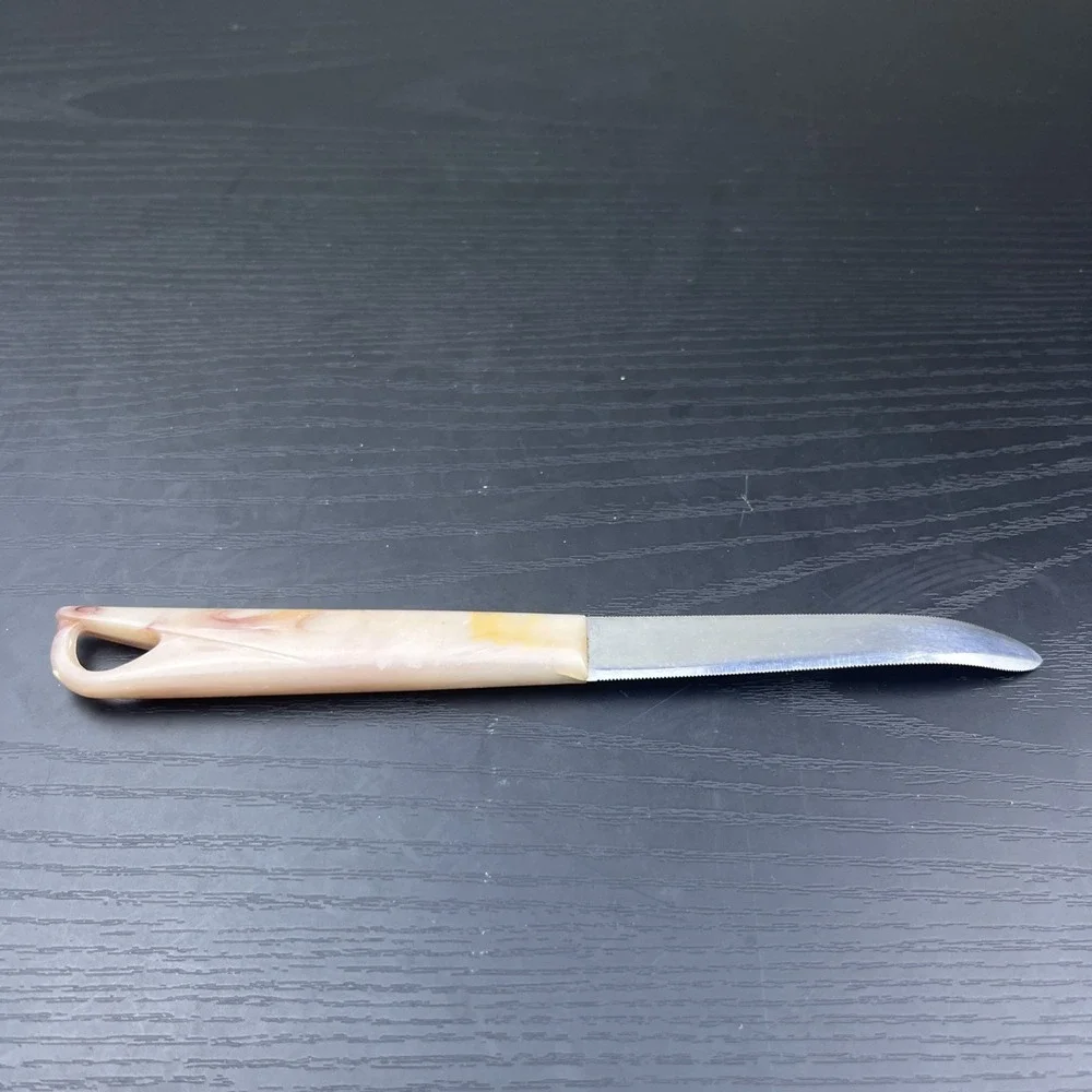 Vintage Cattaraugus for Tupperware 3 Prong Serving Knife Pink Marble Handle USA